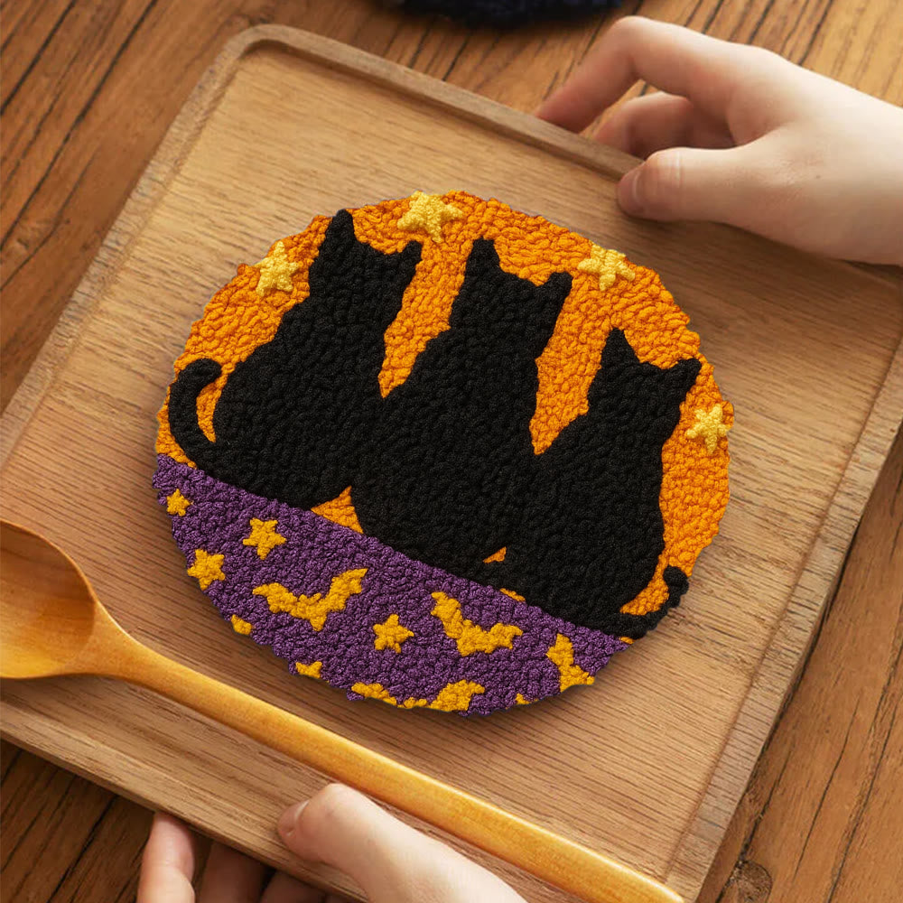Black Cat Family Punch Needle Kit - Halloween Handmade Craft | Nice Artwork For Home Hanging - 5 inch Coaster Kit - image 10