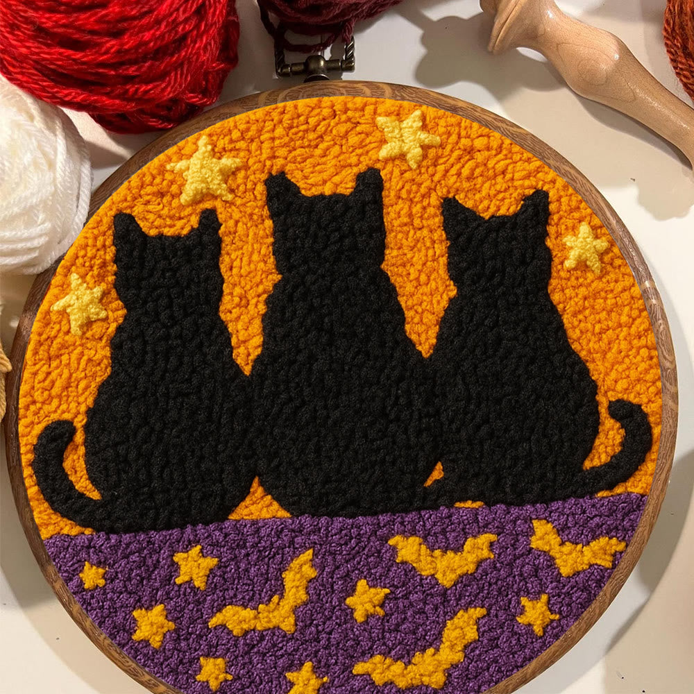 Black Cat Family Punch Needle Kit - Halloween Handmade Craft | Nice Artwork For Home Hanging - image 1