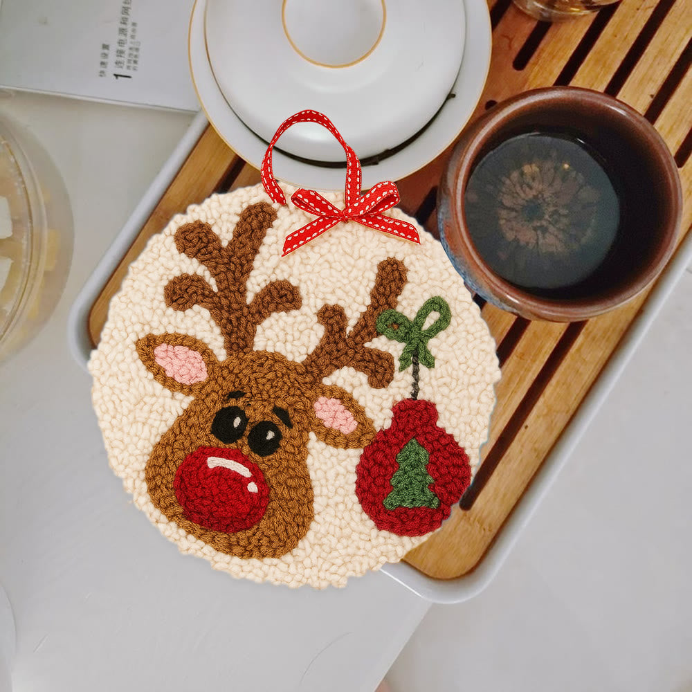 Lovely Reindeer Punch Needle Kit - Christmas Hoop Art | Diy Handmade Collection - 5 inch Coaster Kit - image 10