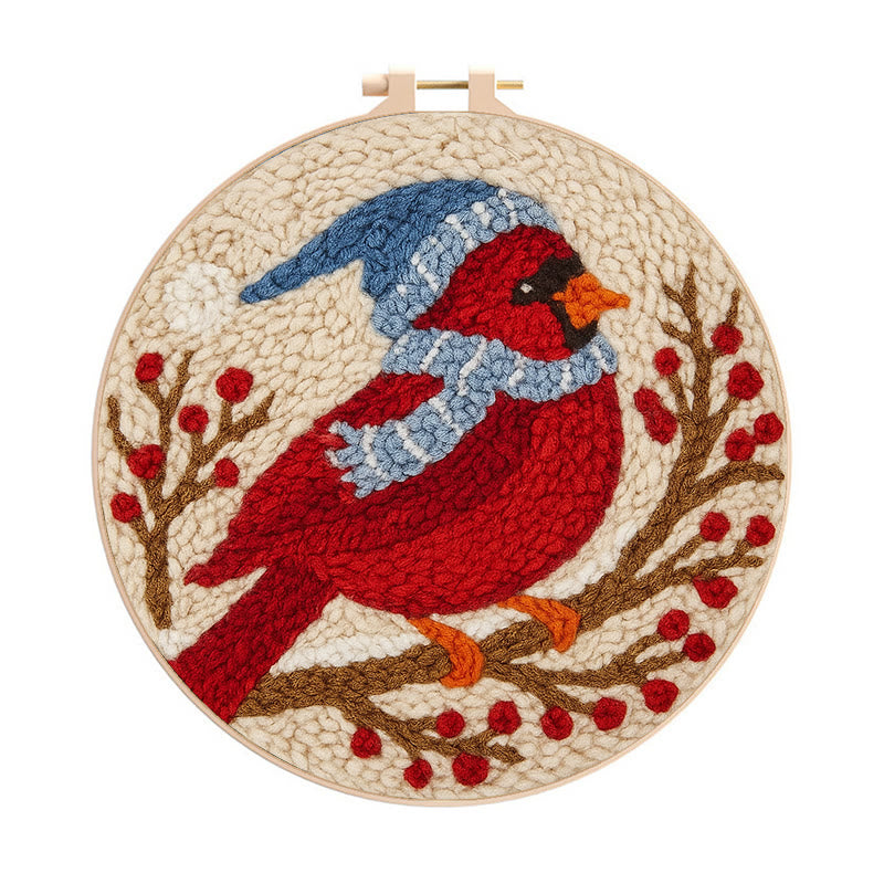 Winter Cardinal Bird Punch Needle Kit - Christmas Gift For Craft Lover | Holiday Home Decor  - 8 inch Hoop Kit - image 0