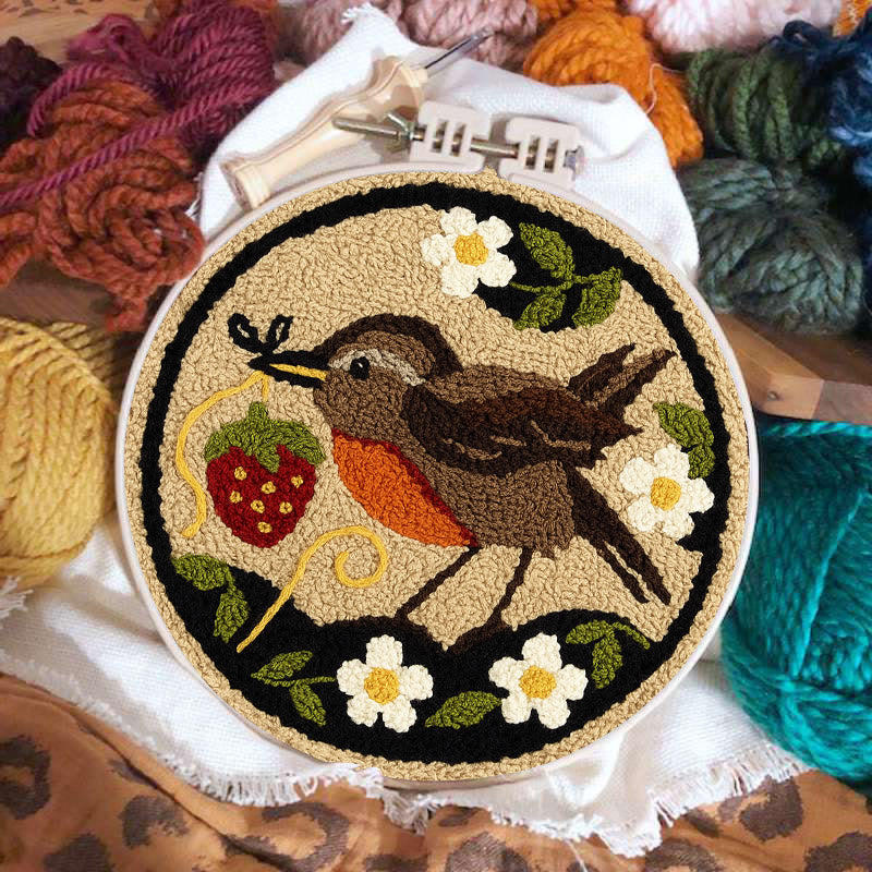 Strawberry Bird Punch Needle Kit - Diy Needle Yarn Craft | Beginner Handmade Art - image 1