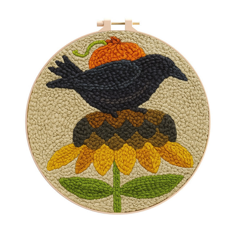 Floral Raven Punch Needle Kit - Handmade Bird Craft | Home Hanging Decor - 8 inch Hoop Kit - image 0