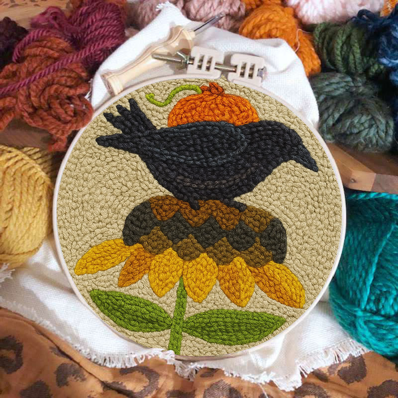 Floral Raven Punch Needle Kit - Handmade Bird Craft | Home Hanging Decor - image 1