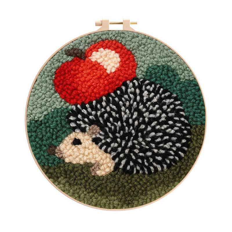  Apple Hedgehog Punch Needle Kit - Diy Animal Coaster | Nice Desk Ornament  - 8 inch Hoop Kit - image 0