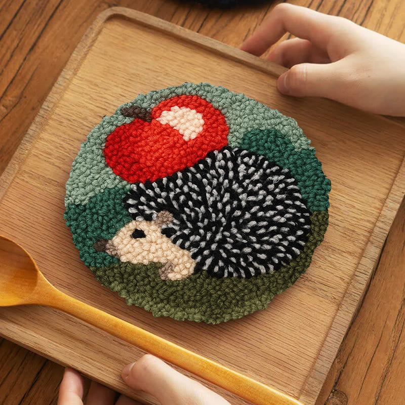 Apple Hedgehog Punch Needle Kit - Diy Animal Coaster | Nice Desk Ornament  - 5 inch Coaster Kit - image 10