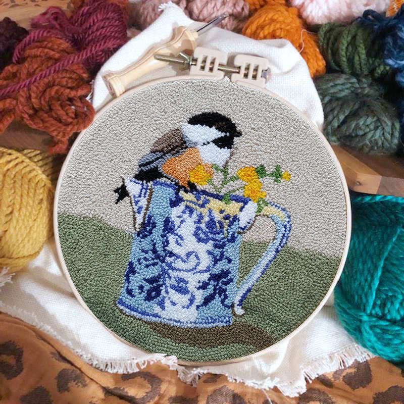  Bird With Teapot Punch Needle Kit - Lovely Bird Handicraft |  Diy Decorative Hoop Art - image 1
