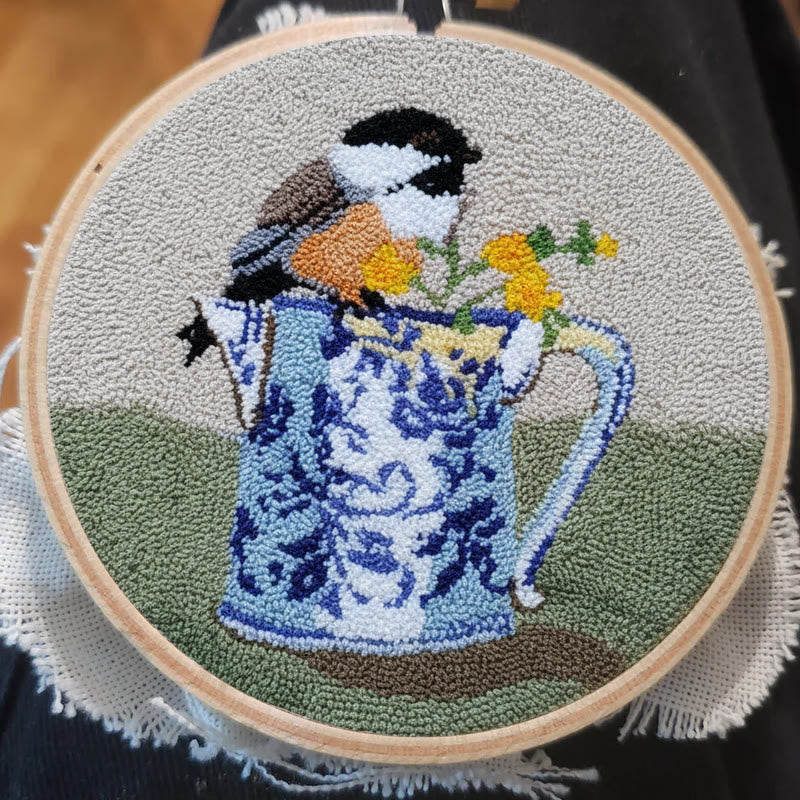  Bird With Teapot Punch Needle Kit - Lovely Bird Handicraft |  Diy Decorative Hoop Art - image 5