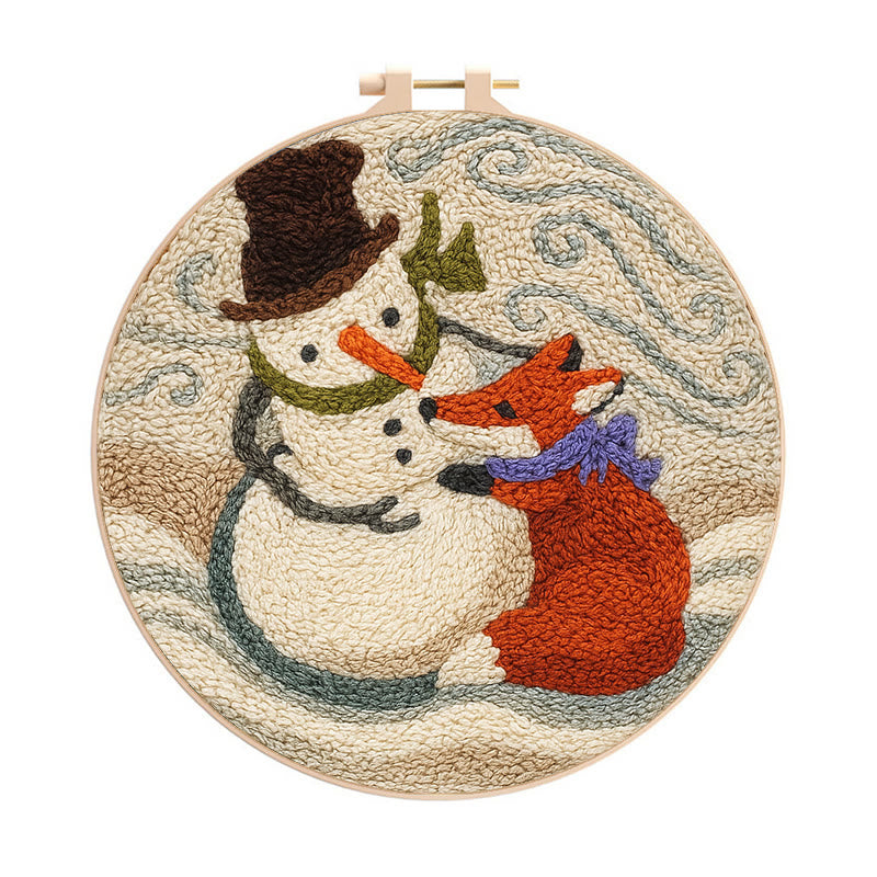Fox And Snowman Punch Needle Kit - Winter Animal Artwork | Unique Christmas Collection  - 8 inch Hoop Kit - image 0