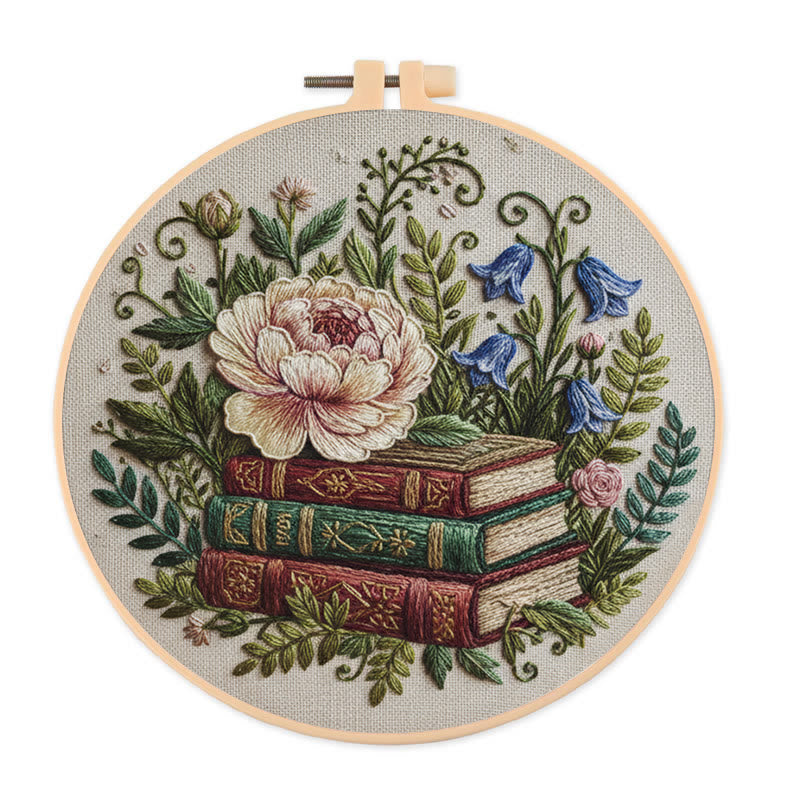 Rubbyoo Embroidery Kit - Blooming Flower With Book | Perfect Bookshelf Ornament | Nice Gifts For Her - 20*20cm - image 0
