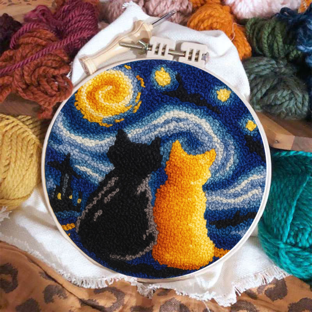 Starry Sky With Cats Punch Needle Kit - Creative Coaster Art | Unique Desk Decor  - image 1