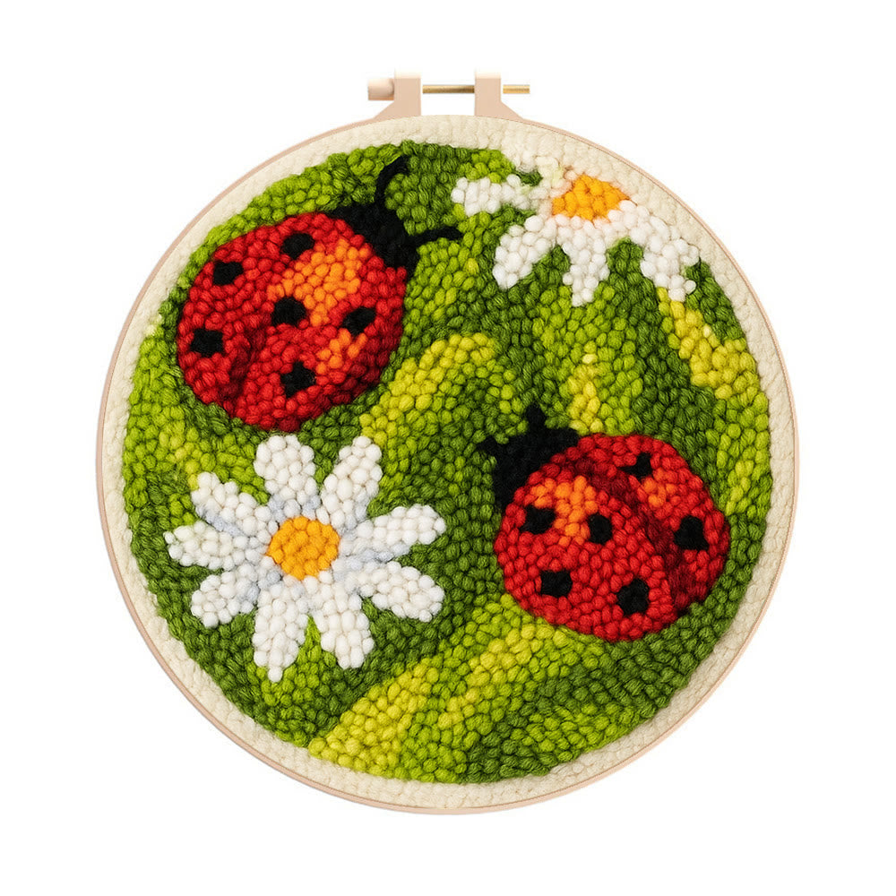 Blooming Flower With Bug Punch Needle Kit - Diy Insect Craft | Nice Home Ornament - 8 inch Hoop Kit - image 0
