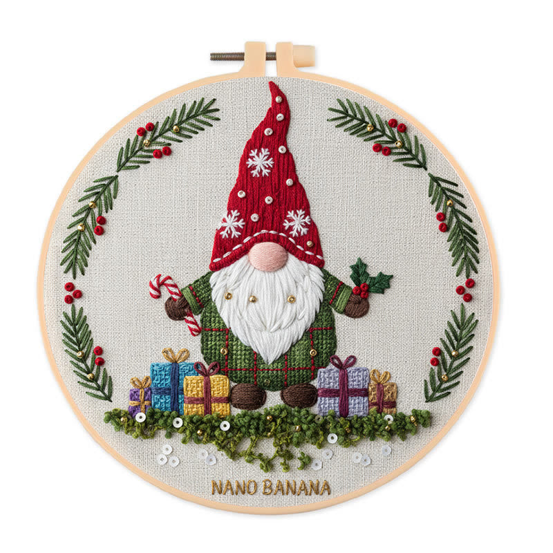Rubbyoo Embroidery Kit - Christmas Gnome With Gifts | Christmas Celebration Craft | Diy Needle Art - 20*20cm - image 0