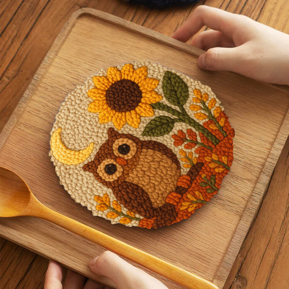 Autumn Owl Sunflower Punch Needle Kit - Gift For Diy Enthusiasts | Cozy Home Decor  - 5 inch Coaster Kit - image 11